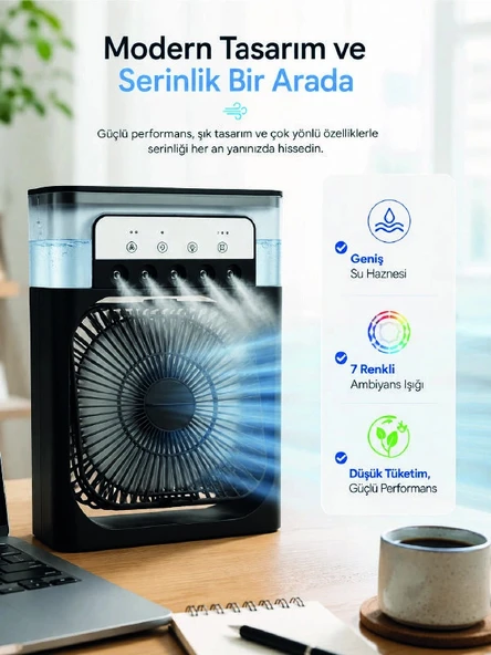 Masaüstü Püskürtmeli Serinletici Fan 5 Sisleme, 3 Fan Hızı, 7 Renk Ambiyans Işığı ürün görseli 1
