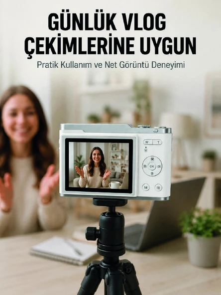 Beyaz 4K Dijital Kamera 2.4 İnç HD Ekran ve LED Flaşlı ürün görseli 1