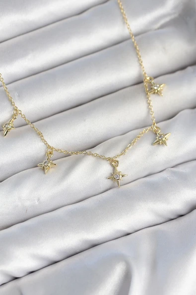 Pirinç Gold Renk Sıralı Minimal Kutup Yıldızı Model Kadın Kolye ürün görseli 1