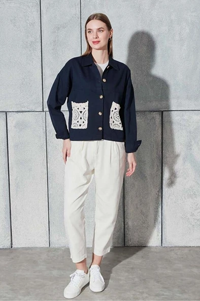 Kadın Lacivert Gabardin Ceket - Resim 3