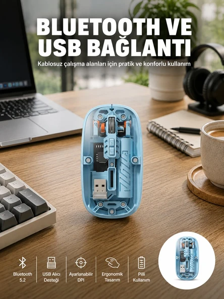 Bluetooth 5.2 Destekli Mavi Pilli Kablosuz Mouse Yeni Nesil ürün görseli 1