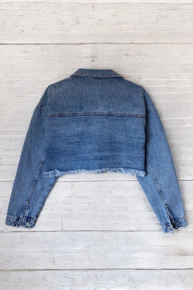 Kadın Taşlı Oversize Mavi Kot Ceket - Resim 3