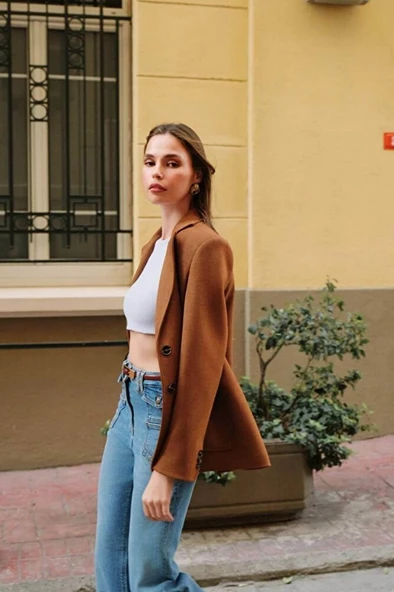 Kadın Premium Taba Süet Blazer Ceket - Resim 6