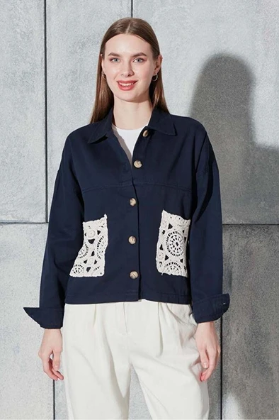 Kadın Lacivert Gabardin Ceket - Resim 5