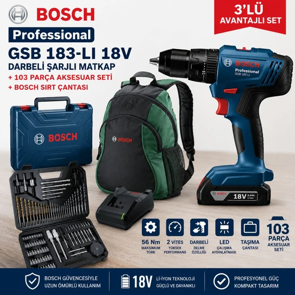 Bosch Professional Gsb 183 Tek Akülü 2 Ah Darbeli Matkap Şarjlı + V-Line 103 Parça Karışık Aksesuar Seti+ Bosch Sırt Çantası ürün görseli 1