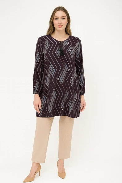 Zigzag Cizgi Desenli Kadın Dokuma Tunik - Resim 3