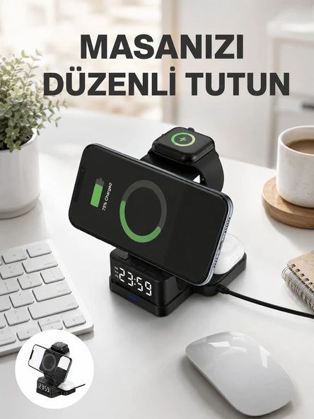 Kablosuz Şarjlı Dijital Masa Saati – 3 Parlaklık Seviyeli LED, Hızlı Şarj, Apple Uyumlu Yeni Nesil ürün görseli 1