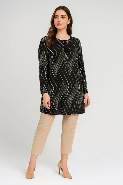 Zigzag Cizgi Desenli Kadın Dokuma Tunik - Resim 4
