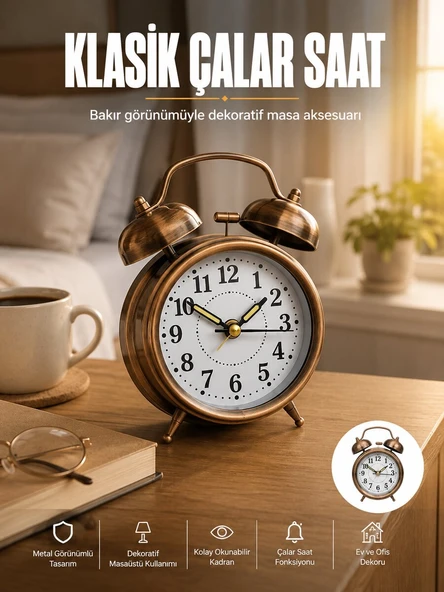 Metal Bronz Nostaljik Masa Saati Alarmlı Büyük Boy Sessiz Mekanizmalı ürün görseli 1