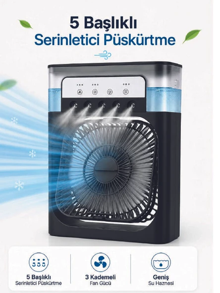 Püskürtmeli Masaüstü Fan 5 Başlıklı Serinletici, 600 ml Su Haznesi, 3 Kademe Fan, Type-C Bağlantı ürün görseli 1