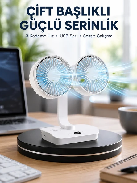 Sessiz Çalışan USB Şarjlı Çift Kafalı Masaüstü Fan – Ev ve Ofis İçin ürün görseli 1