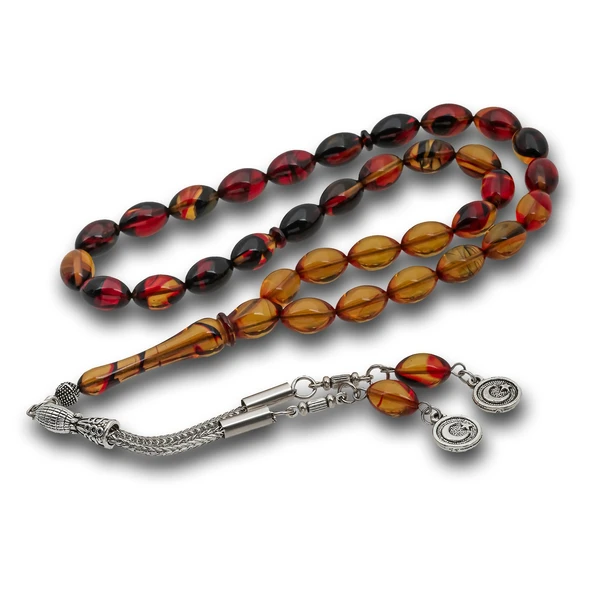 Metal Püsküllü Bordo Amber Sıkma Kehribar Tesbih ürün görseli 1