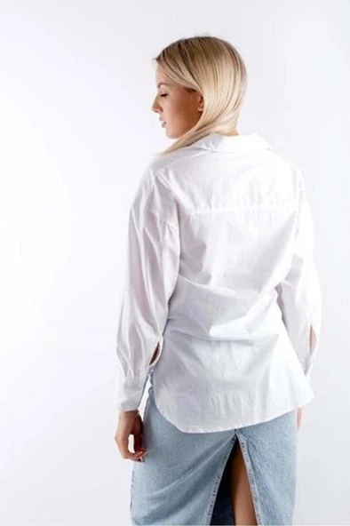 Kadın Beyaz Oversize Gömlek - Resim 5