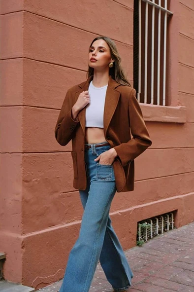 Kadın Premium Taba Süet Blazer Ceket - Resim 4