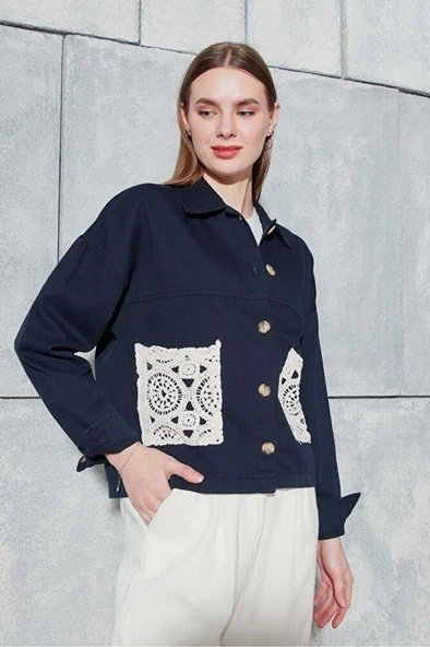 Kadın Lacivert Gabardin Ceket - Resim 4