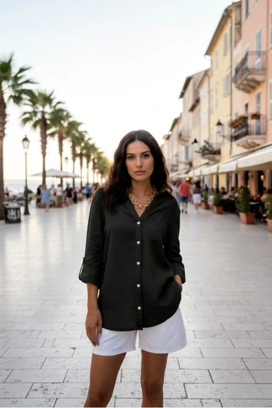 Kadın %100 Keten Relaxed Kalıp Gömlek ürün görseli 1