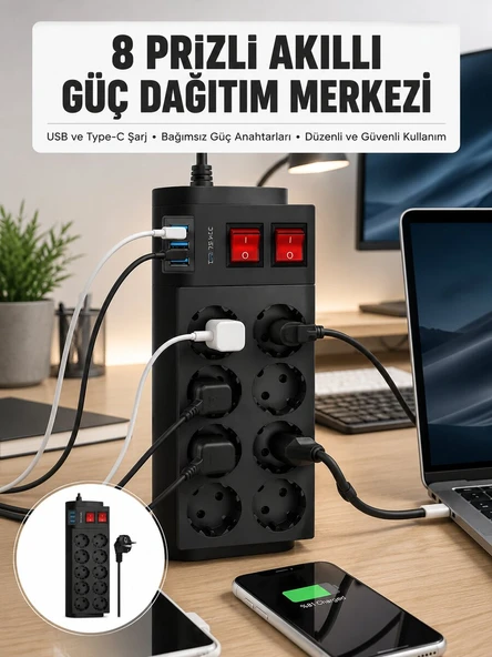 2 Metre Güçlü Çoklu Priz 8 Soket Yeni Nesil ürün görseli 1