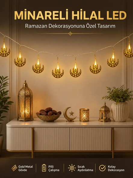Dekoratif Minareli Hilal LED Işık Metal Gövdeli Ramazan Aydınlatma ürün görseli 1
