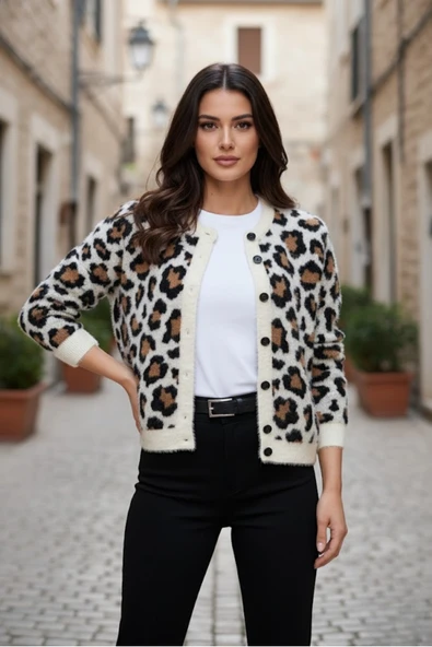 Kadın Premium Leopar Desenli Triko Bisiklet Yaka Hırka ürün görseli 1