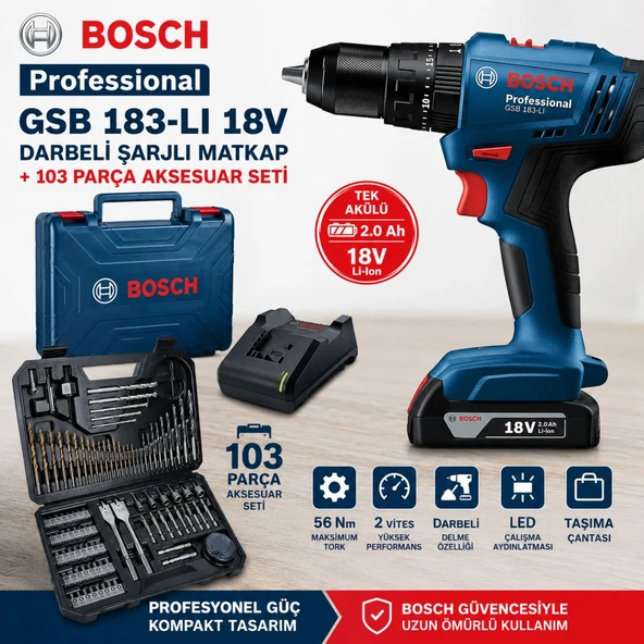 Bosch Gsb 183-LI 18V 2AH Darbeli Tek Akülü Vidalama Şarjlı Matkap ve 103 Parça Karışık Aksesuar Seti ürün görseli 1