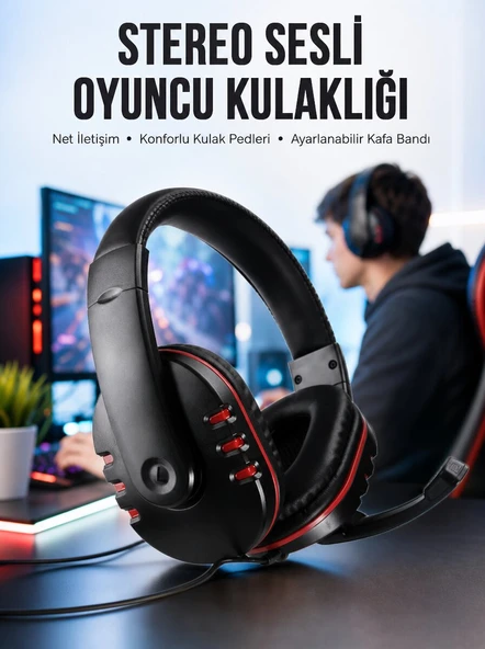 Oyuncu Kulaklığı Kulak Üstü Kablolu Stereo Mikrofonlu Yumuşak Kulak Yastığı Yeni Nesil ürün görseli 1