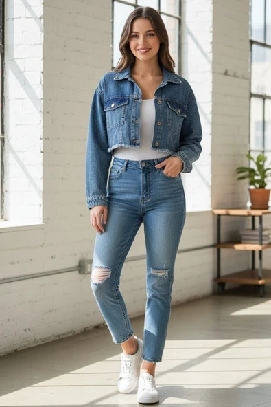 Kadın Taşlı Oversize Mavi Kot Ceket ürün görseli 1