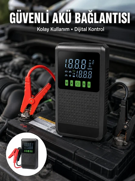 12.000 mAh Şarjlı Araç Akü Takviye ve Işıklı Hava Kompresörü Yeni Nesil ürün görseli 1