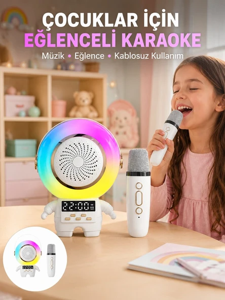 Renkli Işıklı Astronot Mini Bluetooth Speaker ve Karaoke Mikrofon ürün görseli 1