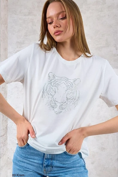 Kadın Kaplan Baskılı %100 Pamuk Krem T-shirt ürün görseli 1