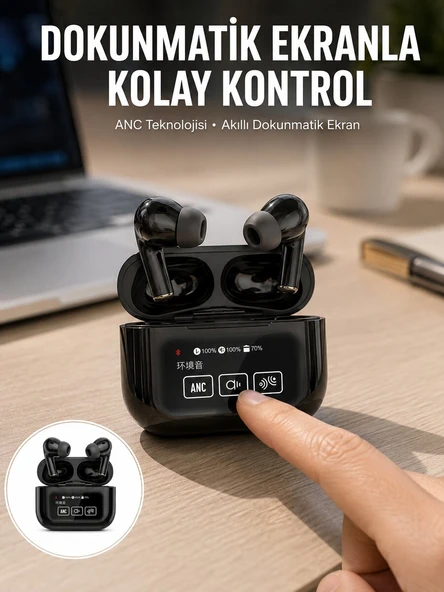 Yeni Nesil ANC Özellikli Çağrı Cevaplayan Dokunmatik Ekranlı Bluetooth Kulaklık Siyah Yeni Nesil ürün görseli 1
