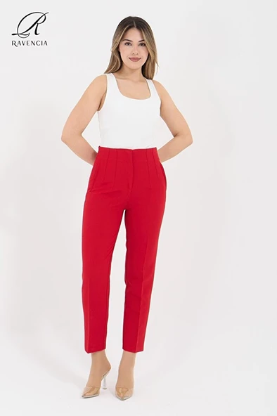 Kadın Model Yüksek Bel Kumaş Koyu Kırmızı Pantolon ürün görseli 1