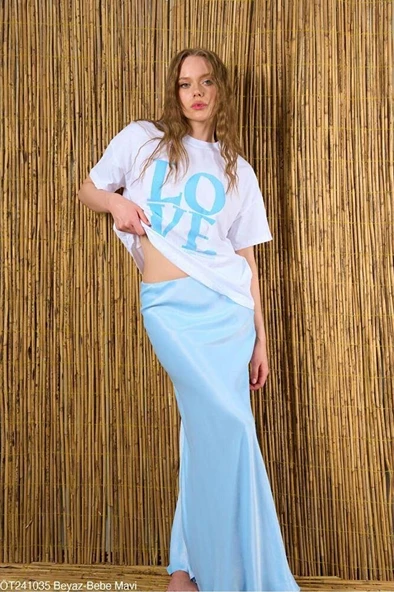 Kadın Love Baskılı %100 Pamuk Oversize T-shirt ürün görseli 1