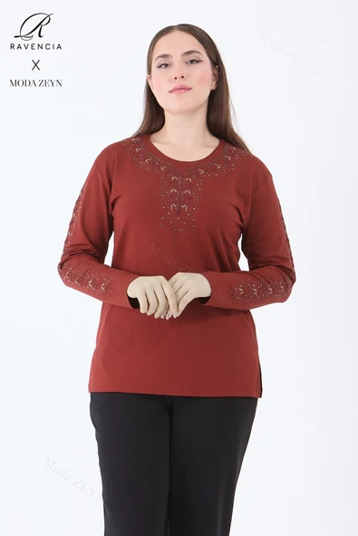 Şerit Çiçek Desen Taşlı Işlemeli Yırtmaçlı Likralı Viskon Kadın Anne Penye Bluz ürün görseli 1