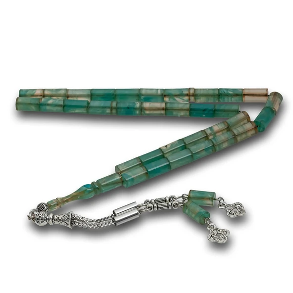 Metal Püsküllü Deniz Yeşili Kesme Sıkma Kehribar Tesbih ürün görseli 1