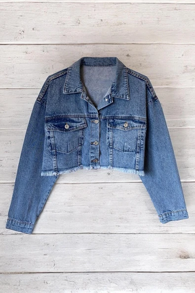 Kadın Taşlı Oversize Mavi Kot Ceket - Resim 2