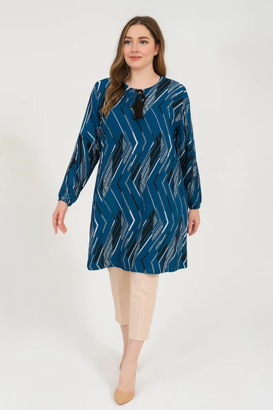 Zigzag Cizgi Desenli Kadın Dokuma Tunik - Resim 2