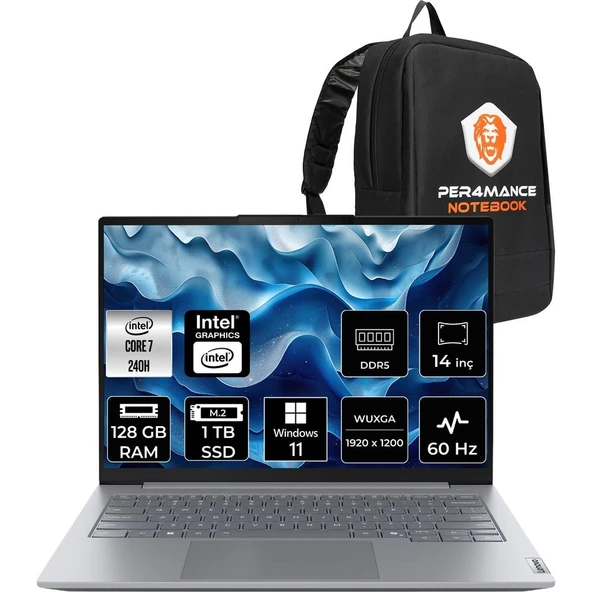 Lenovo Thinkbook 14 Gen 8 Core 7 240H Notebook 128GB RAM 1TB SSD 14" FHD+ Win11 Pro + Per4 Çanta 21SG008LTXP477 ürün görseli 1