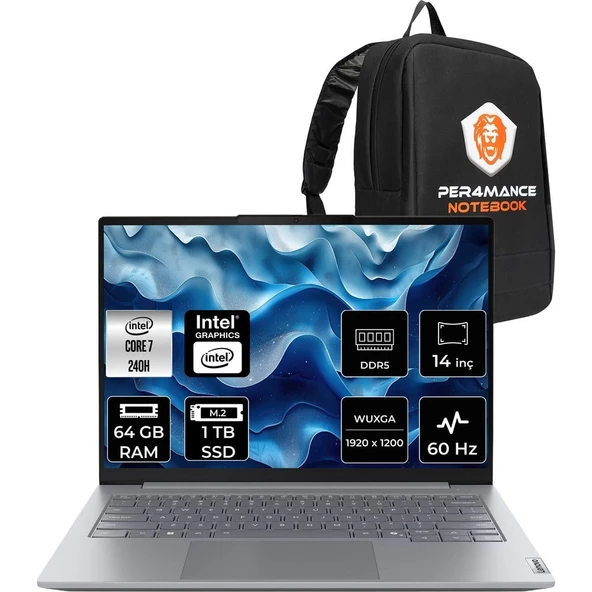 Lenovo Thinkbook 14 Gen 8 Core 7 240H Notebook 64GB RAM 512GB SSD 14" FHD+ FreeDOS + Per4 Çanta 21SG008LTXP338 ürün görseli 1
