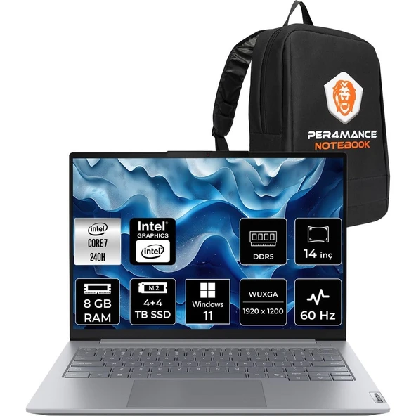 Lenovo Thinkbook 14 Gen 8 Core 7 240H Notebook 8GB RAM 4TB SSD 14" FHD+ Win11 Pro + Per4 Çanta 21SG008LTXP426 ürün görseli 1