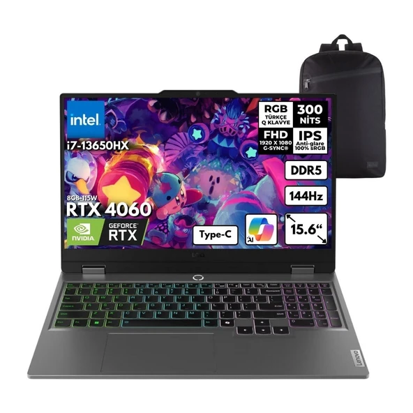 Lenovo Loq I7 13650HX 64-Gbddr5 512 Gbssd RTX4060 (8GB-115W) 15.6" Fhd 144Hz Freedos + Zg Sırt Çantası 83DV00WVTRZG18 ürün görseli 1