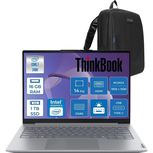 Lenovo Thinkbook 14 G8 Irl Intel Core 7 240H 16GB Ddr5 1tb SSD Intel Graphics 14" Wuxga IPS 300NITS 60Hz Windows 11 Pro Taşınabilir Bilgisayar 21SG008LTXP02 + Zettaçanta ürün görseli 1