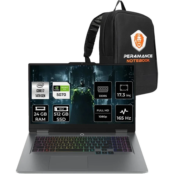 Lenovo Loq i7 14700HX RTX 5070 8GB Gaming Laptop 24GB RAM 512GB SSD 17.3" FHD FreeDOS + Per4 Çanta 83JH00BCTRP312 ürün görseli 1