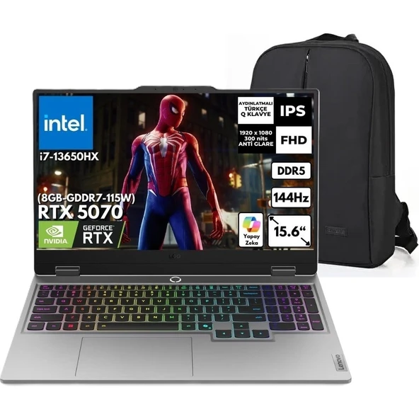 Lenovo Loq I7-13650HX 40GB 512 GB SSD 15.6" Fhd 144Hz Rtx 5070 8gb Gddr7 W11PRO 83JE00D0TR Snertech Çanta ürün görseli 1