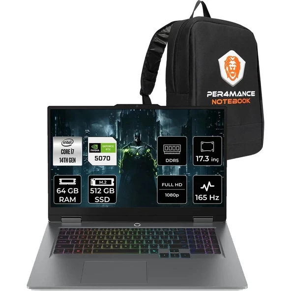 Lenovo Loq i7 14700HX RTX 5070 8GB Gaming Laptop 64GB RAM 512GB SSD 17.3" FHD FreeDOS + Per4 Çanta 83JH00BCTRP332 ürün görseli 1