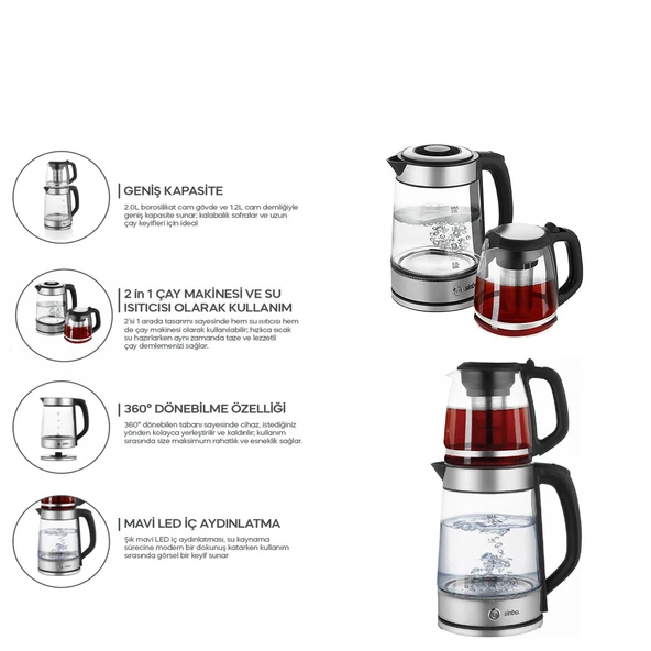 Sinbo 2'si 1 Arada Çaycı - Kettle - 2.0L + 1.2L Kapasite - Cam Gövde ürün görseli 1