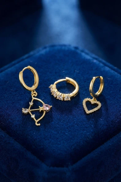 3 lü Set Küpe Gold Renk Eros Yay Detaylı ürün görseli 1