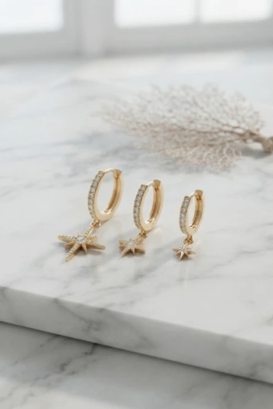 Gold Renk Kutup Yıldız Model 3 lü Küpe Seti ürün görseli 1