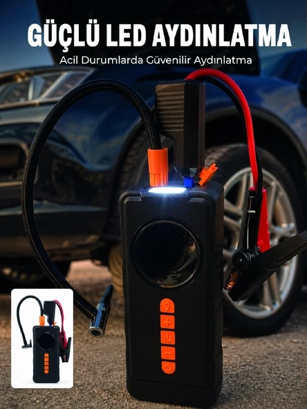 10000mah Şarjlı Araç Kompresörü Akü Takviye Cihazı Powerbank Özellikli Dijital Lastik Şişirme Pompası ürün görseli 1