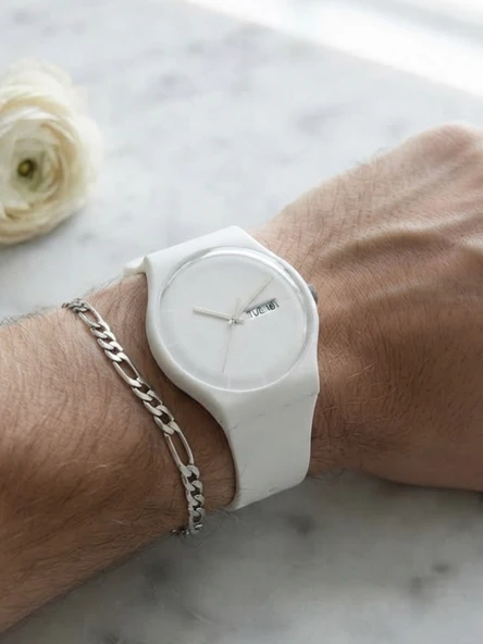 UNİSEX Beyaz Silikon Kordon Kol Saati Bileklik Hediyeli Takvimli Minimal Tasarım Plastik Sert Kasa Quartz Analog Spor Günlük Şık Erkek Saati NP27 ürün görseli 1