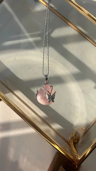 Aşk taşı pembe kuvars çelik kolye - Resim 2